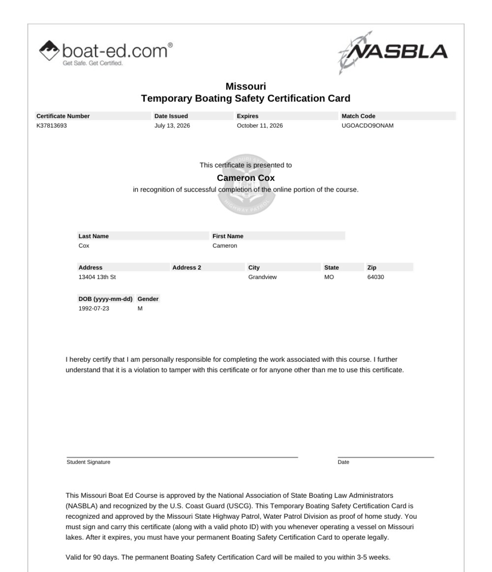Cameron's Missouri temporary boating safety certification card